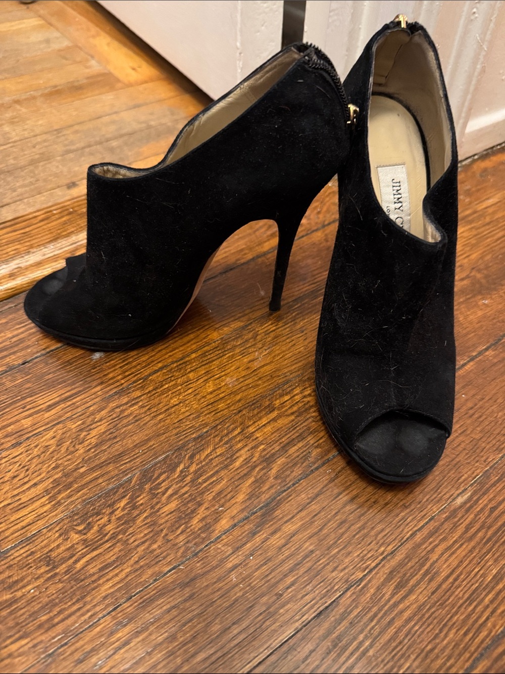 Jimmy Choo Black Suede Peep-Toe Stiletto Booties